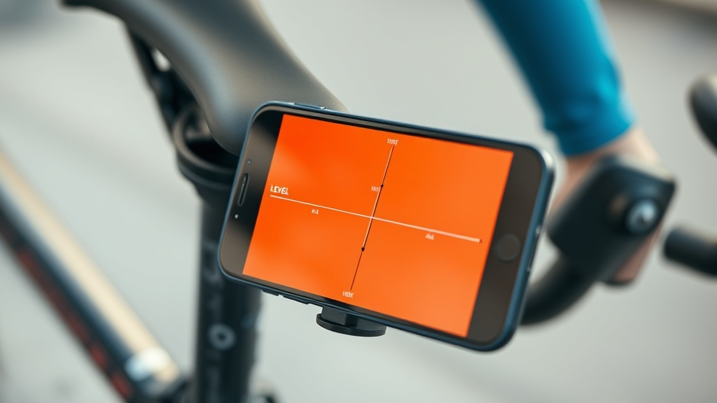 수평계 앱을 활용하여 안장 코의 각도를 미세하게 조절하는 디지털 피팅 과정을 보여주는 정밀 시각 자료