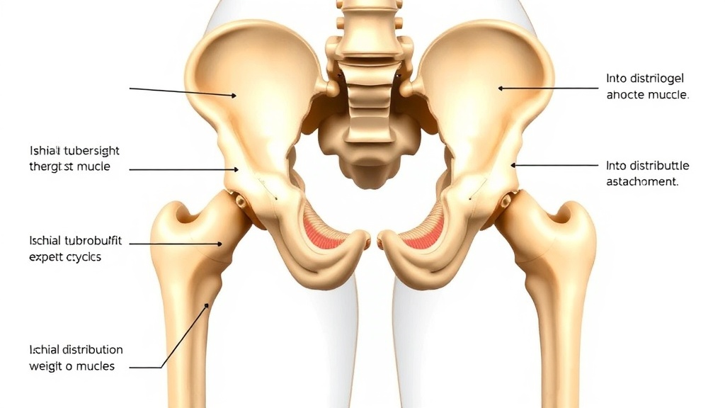 골반 구조에서 좌골 결절의 위치를 정밀하게 식별하여 안장 위에서의 하중 분산 메커니즘을 설명하는 해부학적 분석 이미지