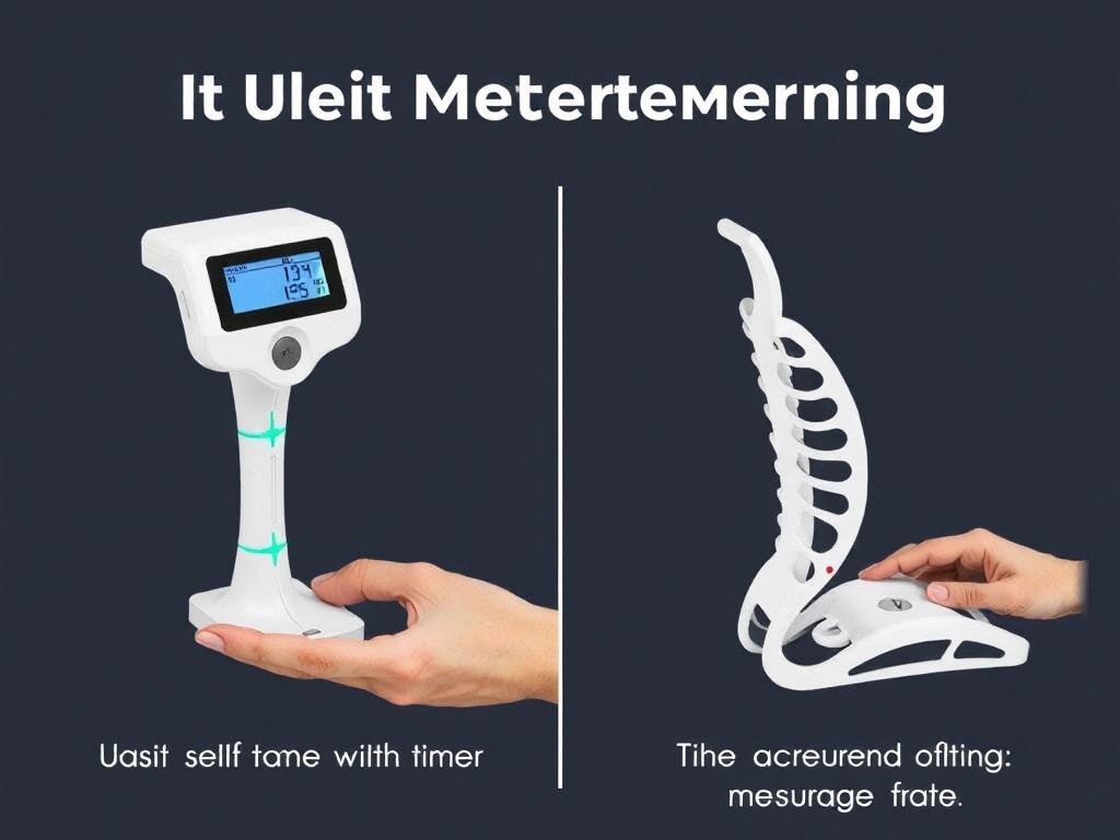 좌골 너비를 정교하게 측정하기 위한 디지털 측정 장비 또는 골판지 자가 측정법의 시각적 가이드 이미지